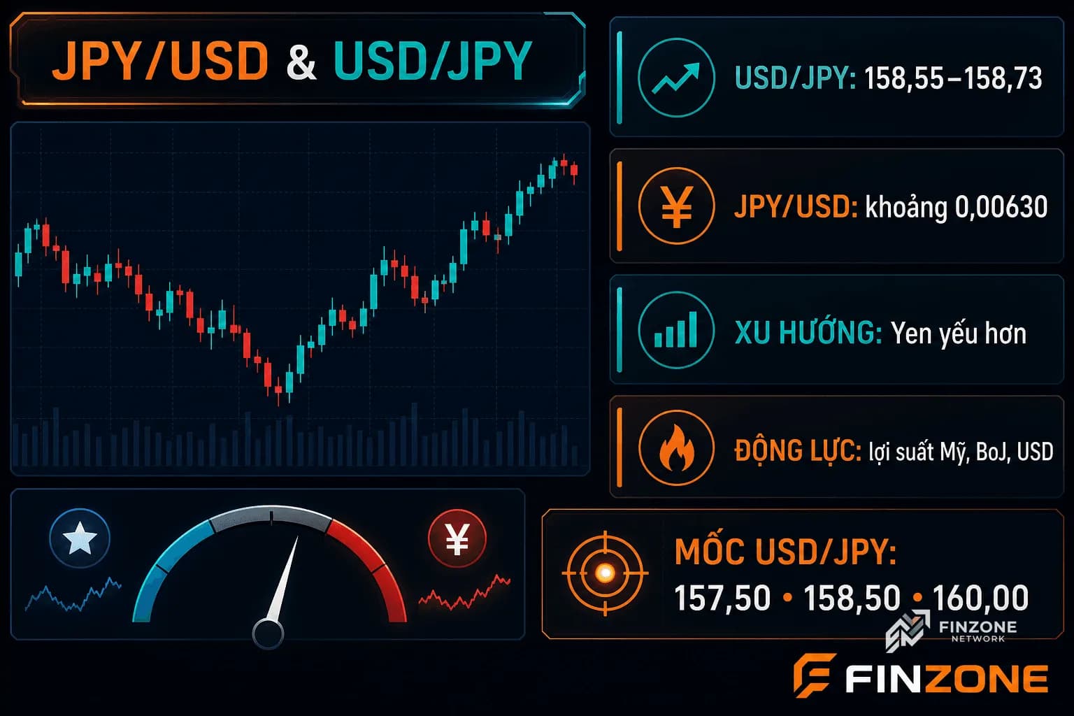 Dashboard phân tích JPYUSD và USDJPY với các mốc tỷ giá quan trọng