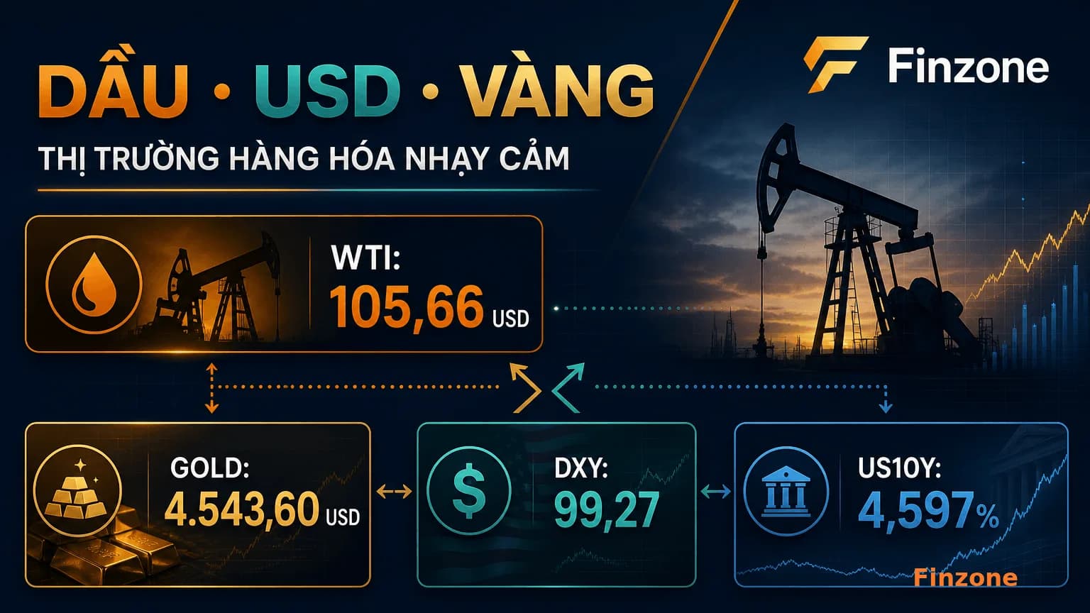 Dầu USD và vàng trong dashboard hàng hóa Finzone