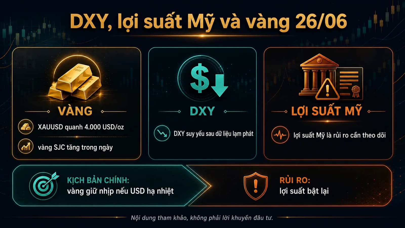 DXY ngày 26/06/2026: lợi suất Mỹ và vàng