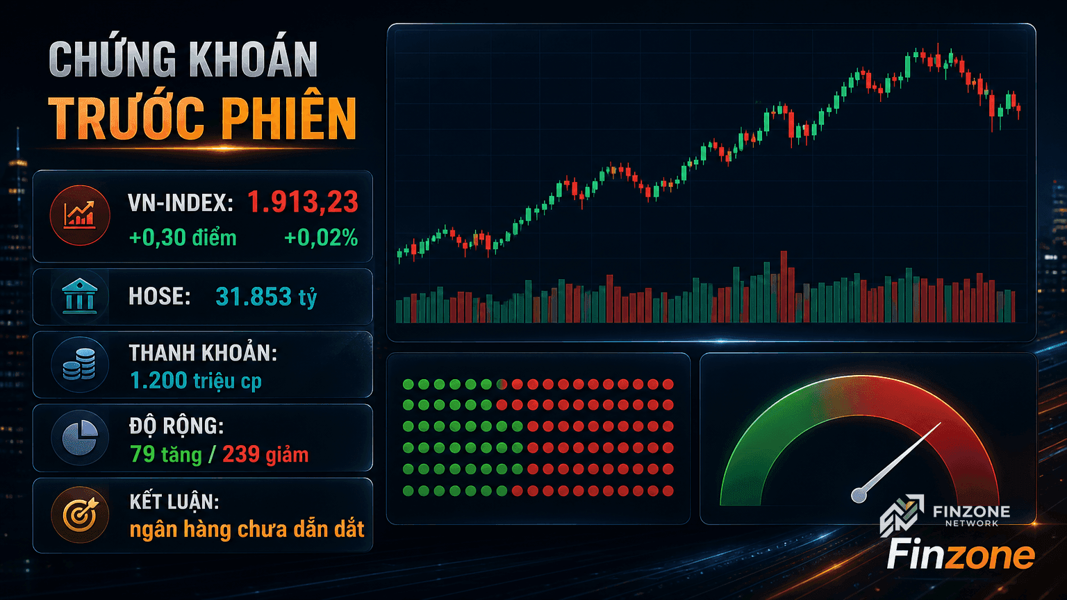 Dashboard số liệu VN-Index 1.913,23 thanh khoản 31.853 tỷ độ rộng 79 tăng 239 giảm