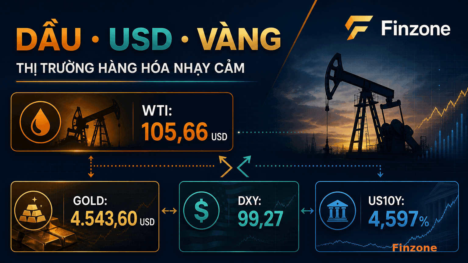 Dầu USD và vàng trong dashboard hàng hóa Finzone