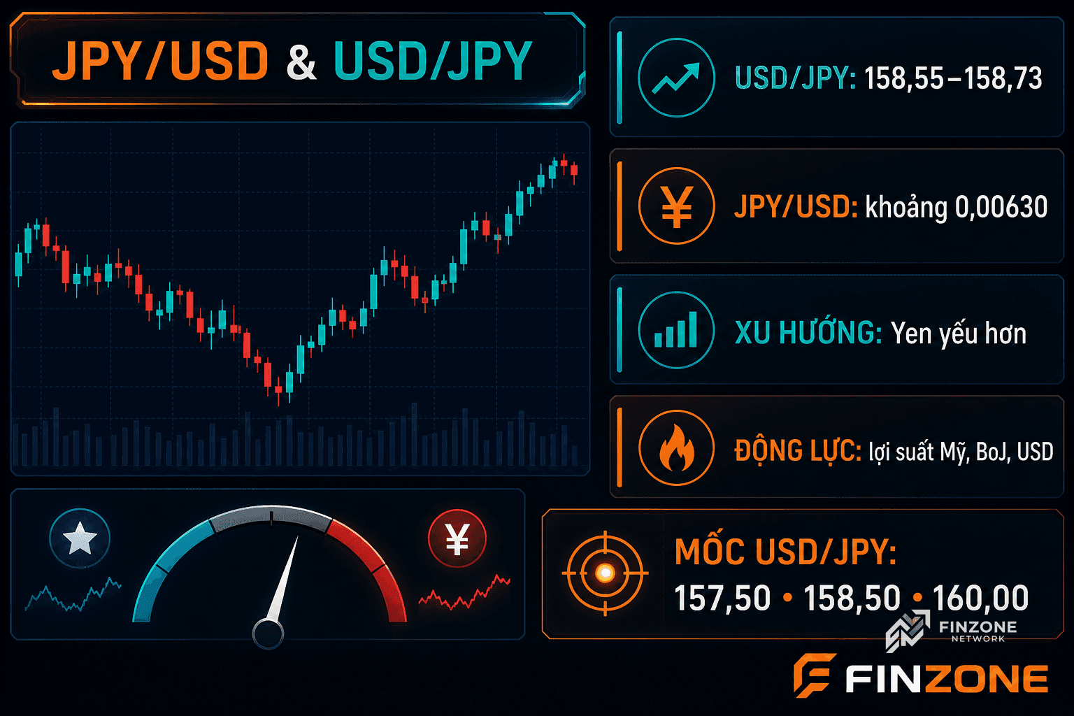Dashboard phân tích JPYUSD và USDJPY với các mốc tỷ giá quan trọng