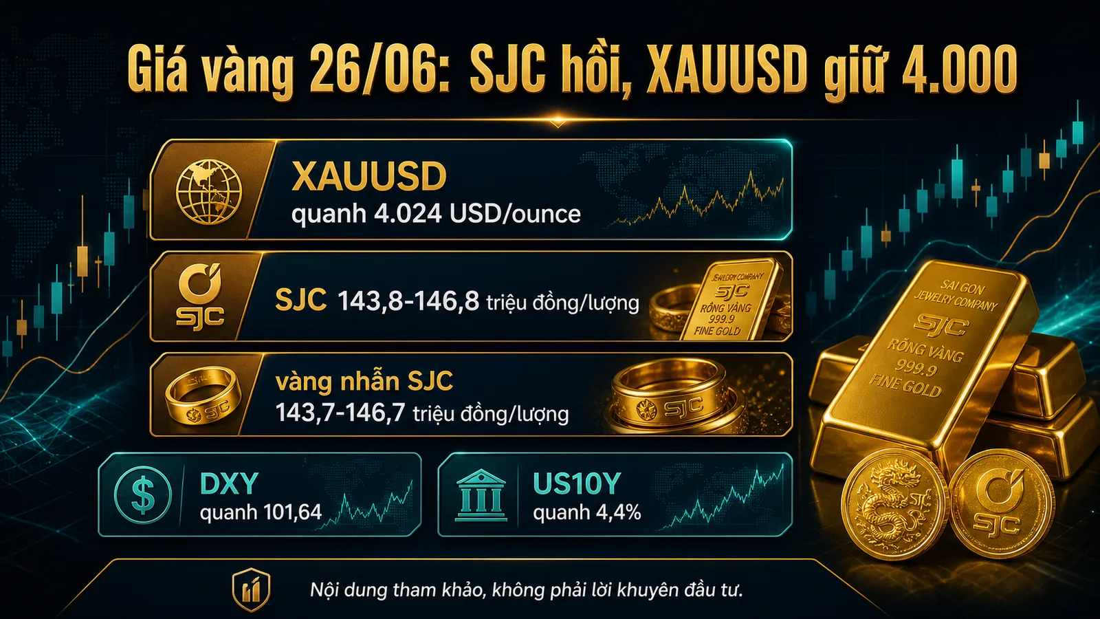 Infographic giá vàng ngày 26/06/2026 XAUUSD SJC và DXY
