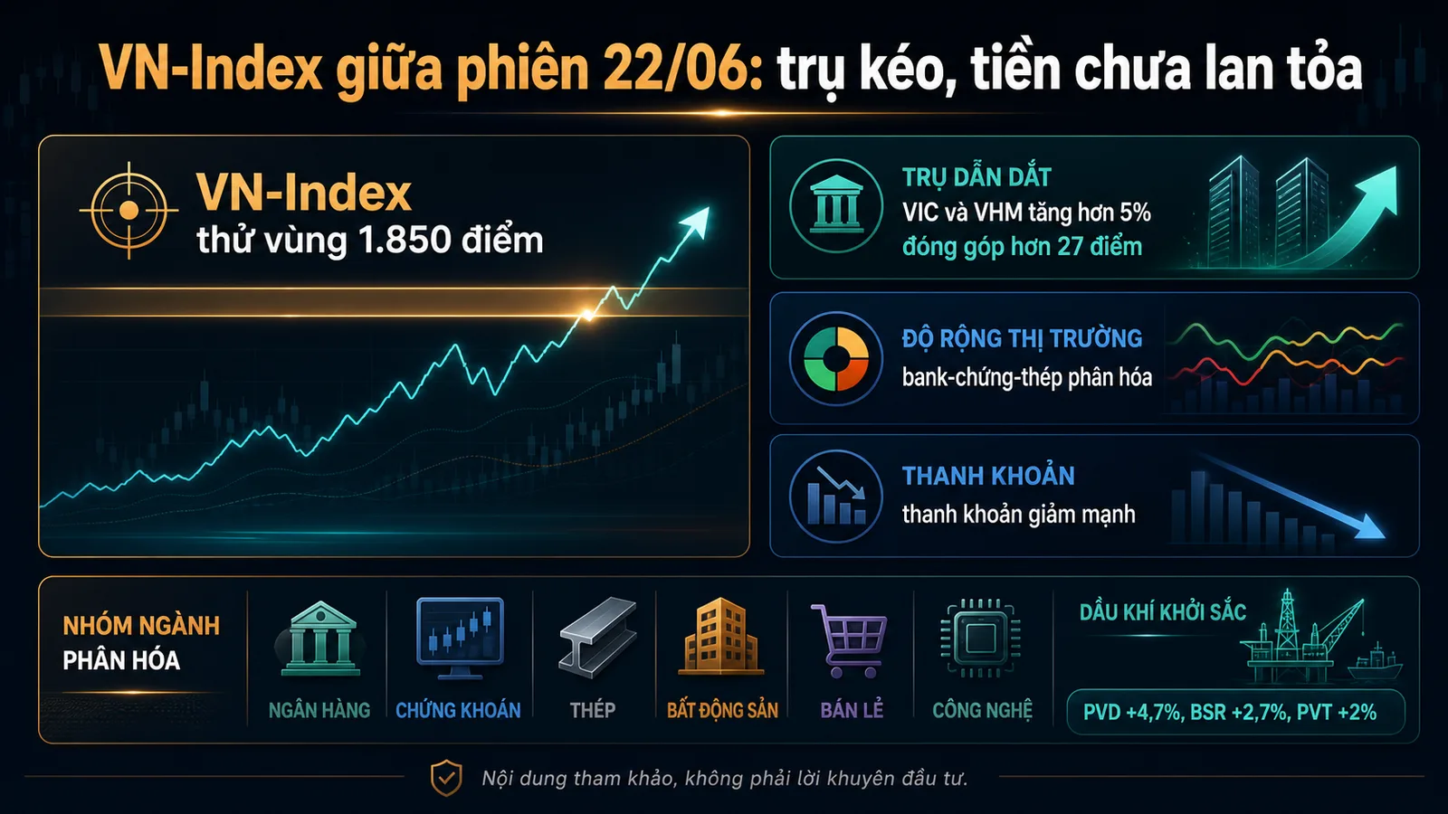 Infographic VN-Index giữa phiên 22/06/2026 về vùng 1850 điểm và thanh khoản