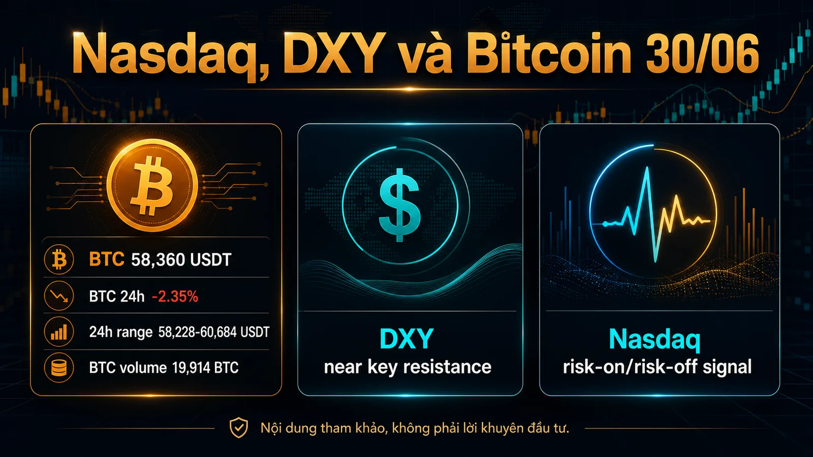 Nasdaq DXY và Bitcoin ngày 30/06/2026 - infographic dữ liệu BTC Nasdaq DXY