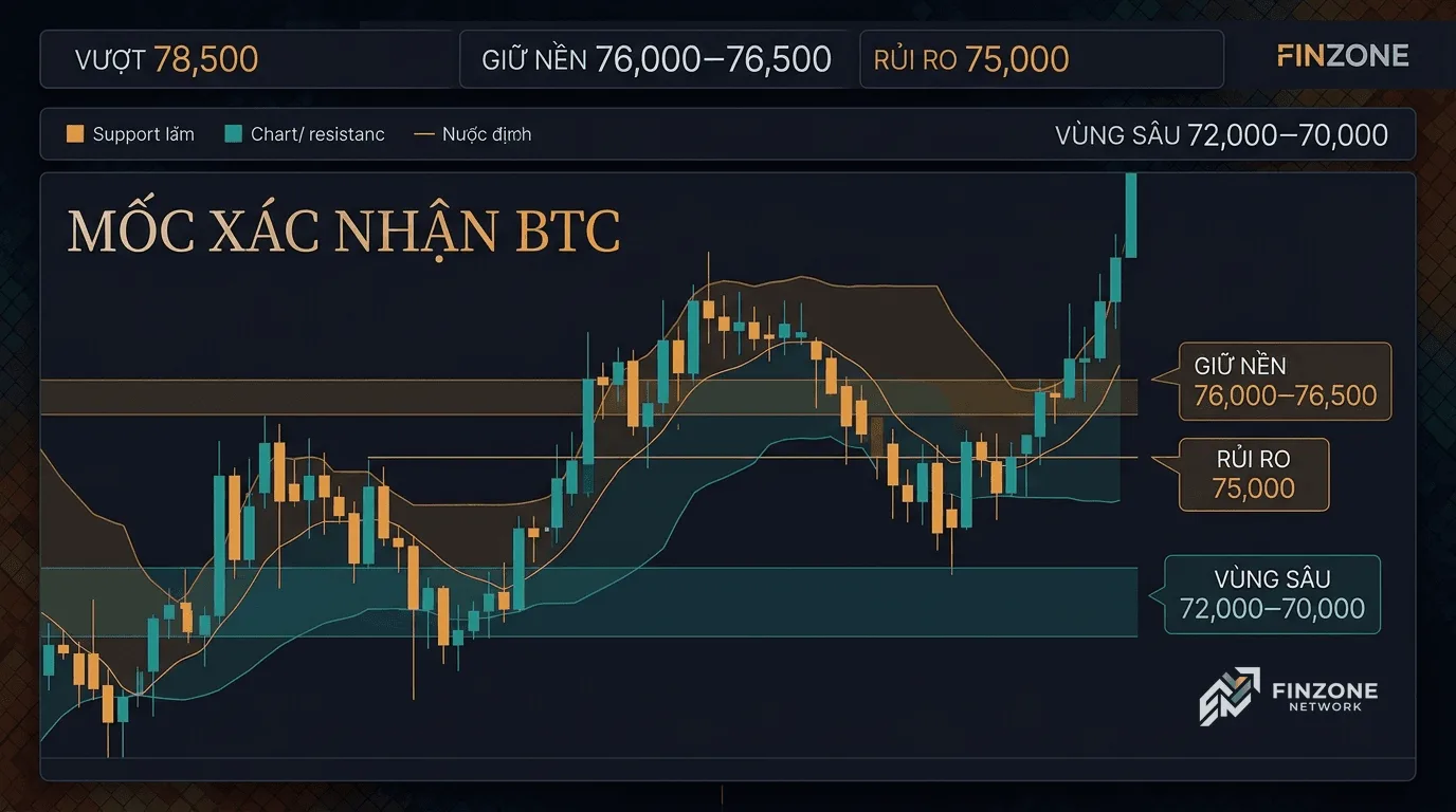 Mốc xác nhận BTC: vượt 78.500, giữ nền 76.000–76.500, rủi ro 75.000