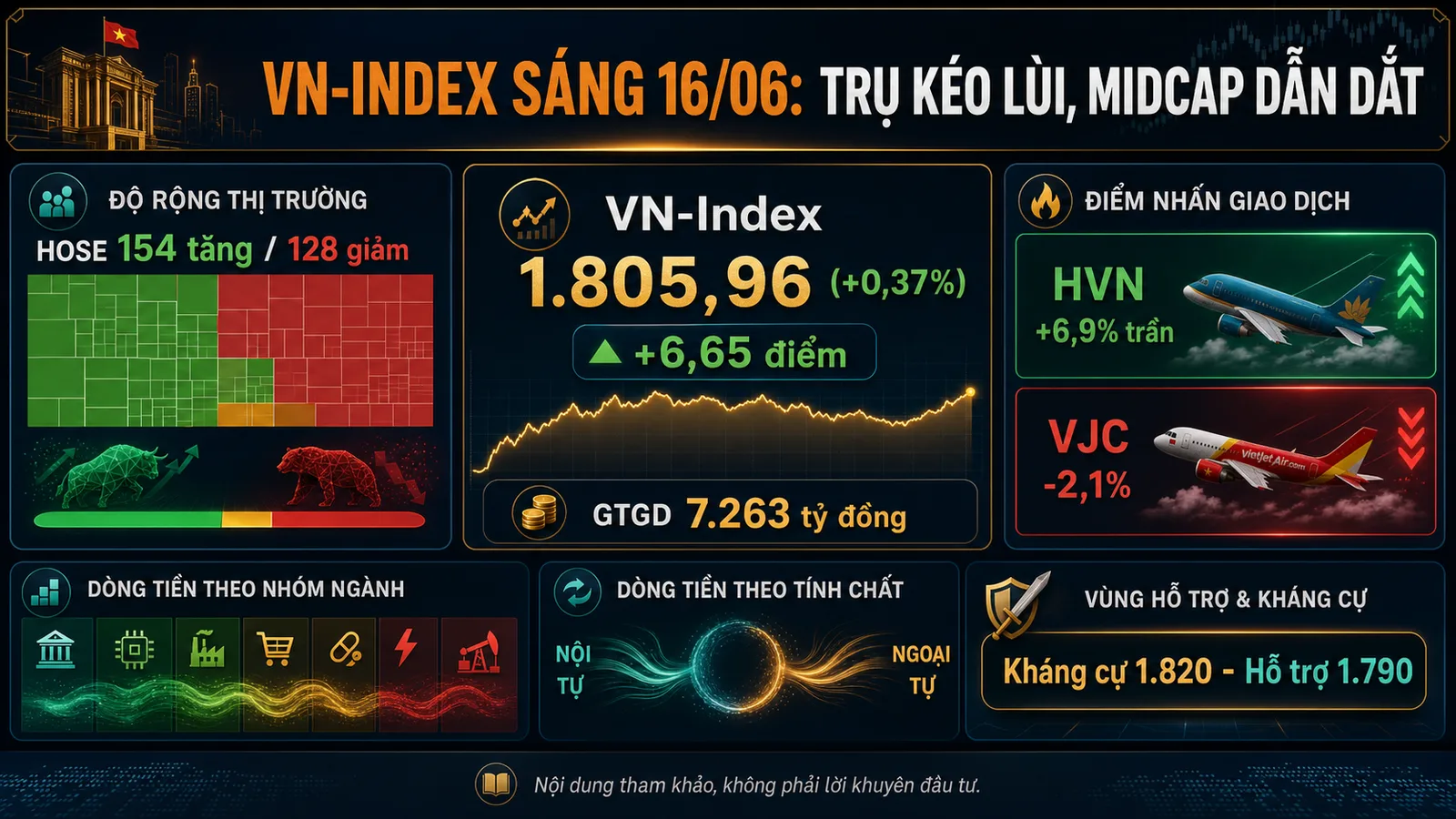 Infographic chứng khoán phiên sáng 16/06/2026 VN-Index 1.805,96 điểm GTGD 7.263 tỷ đồng