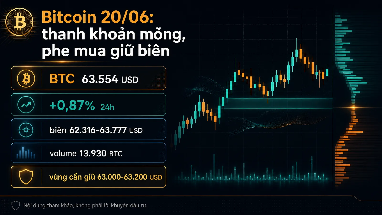 Infographic Bitcoin ngày 20/06/2026 BTC 63,554 USD tăng 0.87% biên 62,316-63,777 USD
