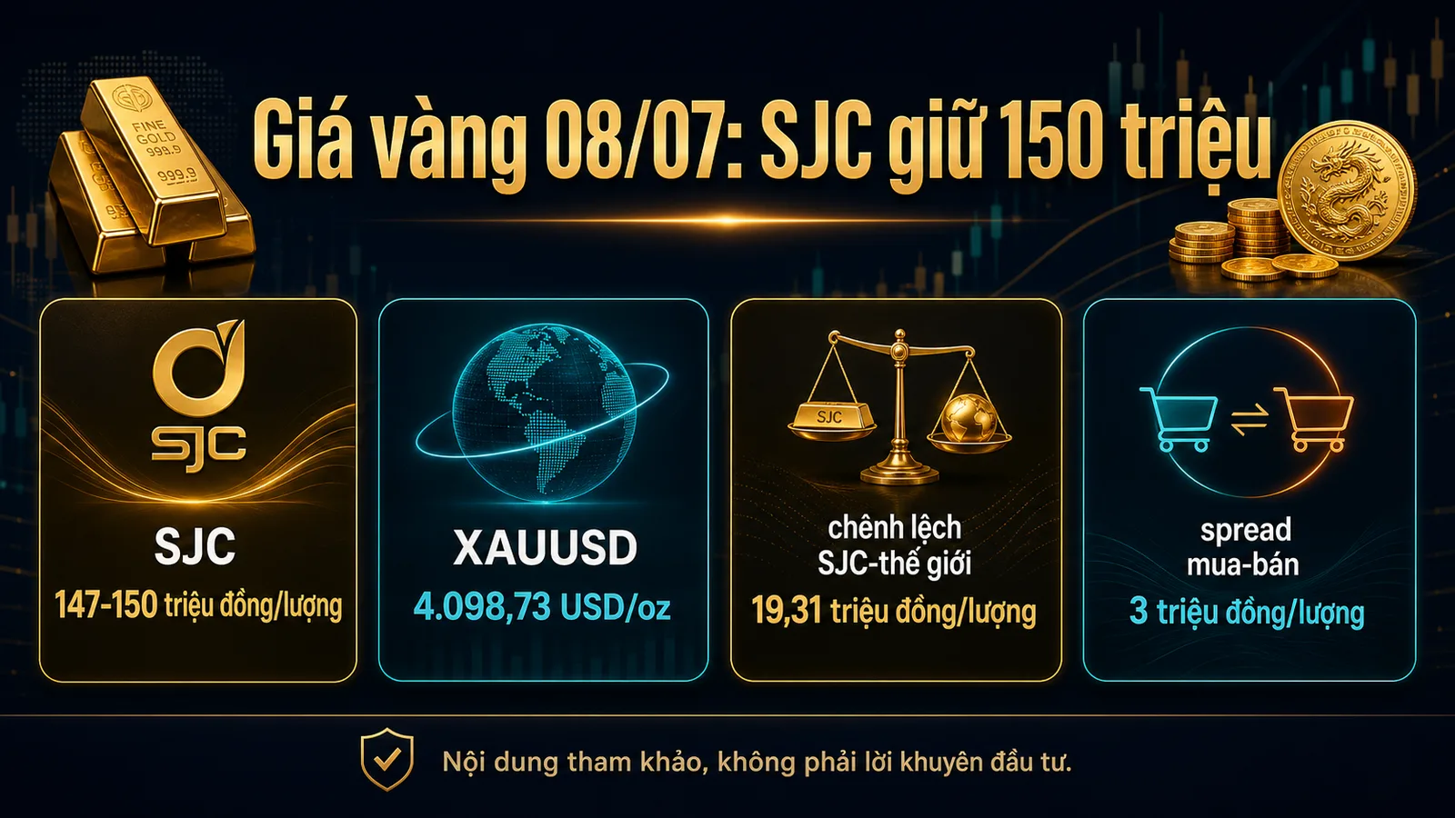 Infographic giá vàng ngày 08/07/2026 SJC 147-150 triệu đồng XAUUSD 4098,73 USD