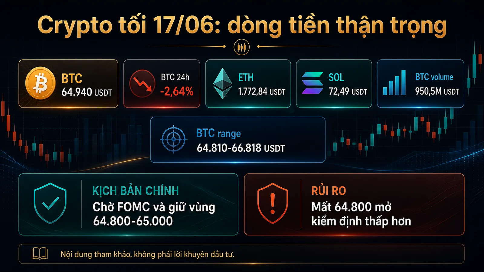 Crypto tối 17/06/2026 infographic BTC ETH SOL và vùng 64800 USDT