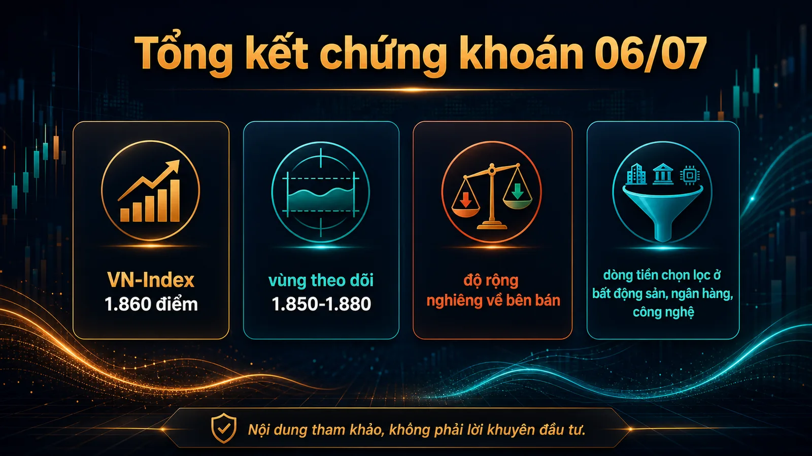 Infographic tổng kết chứng khoán ngày 06/07/2026 dòng tiền nhóm ngành và vùng VN-Index