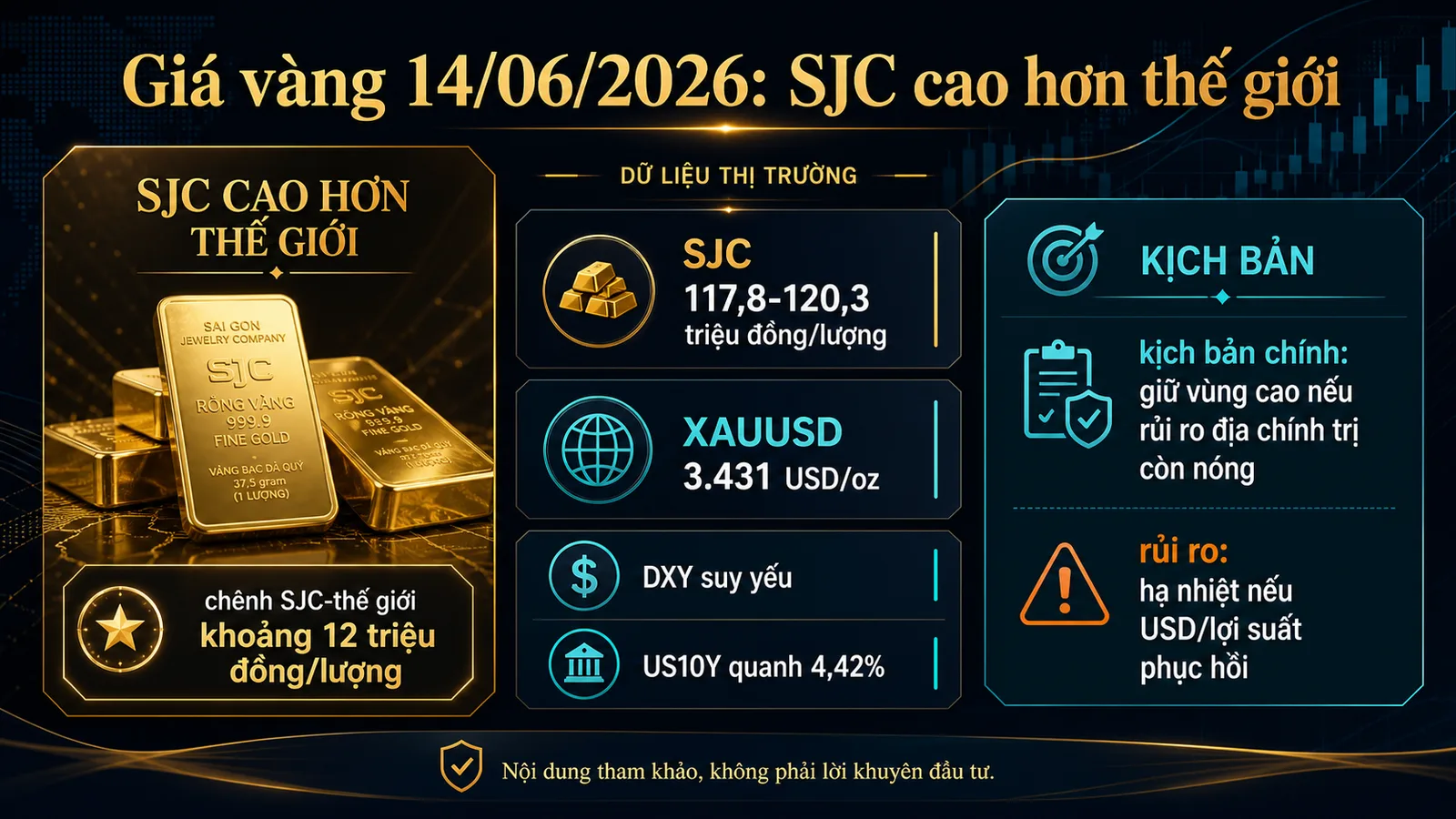 Infographic Giá vàng 14/06/2026 SJC 117.8-120.3 triệu XAUUSD 3,431 USD