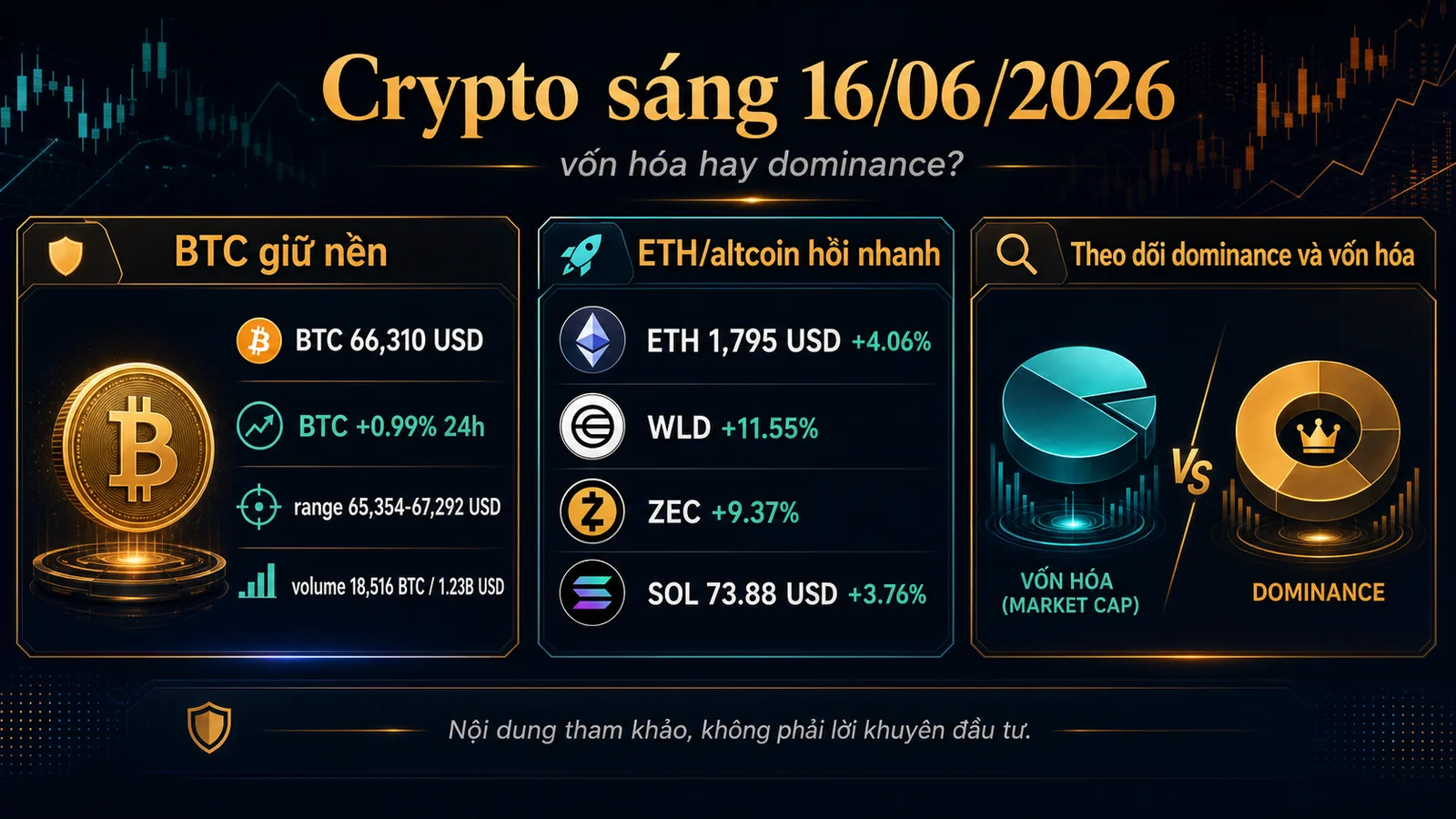 Infographic Crypto sáng 16/06/2026 BTC 66,310 USD ETH 1,795 USD SOL 73.88 USD