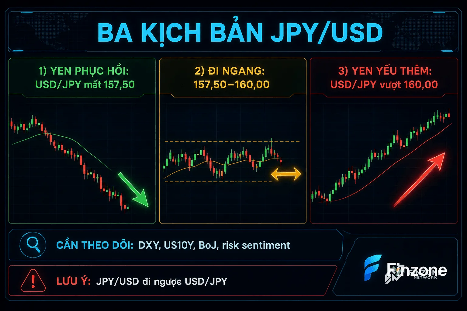 Ba kịch bản JPYUSD USDJPY theo DXY lợi suất Mỹ và BoJ