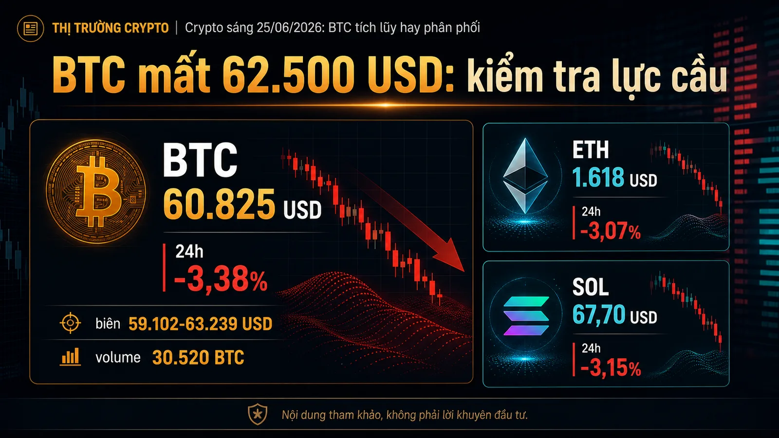 Crypto sáng 25/06/2026 - infographic BTC 60.825 USD giảm 3,38%