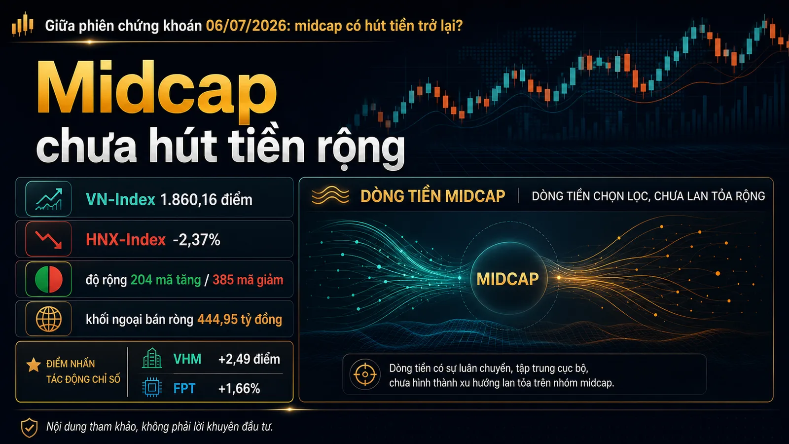 Infographic giữa phiên chứng khoán 06/07/2026 midcap và dòng tiền VN-Index