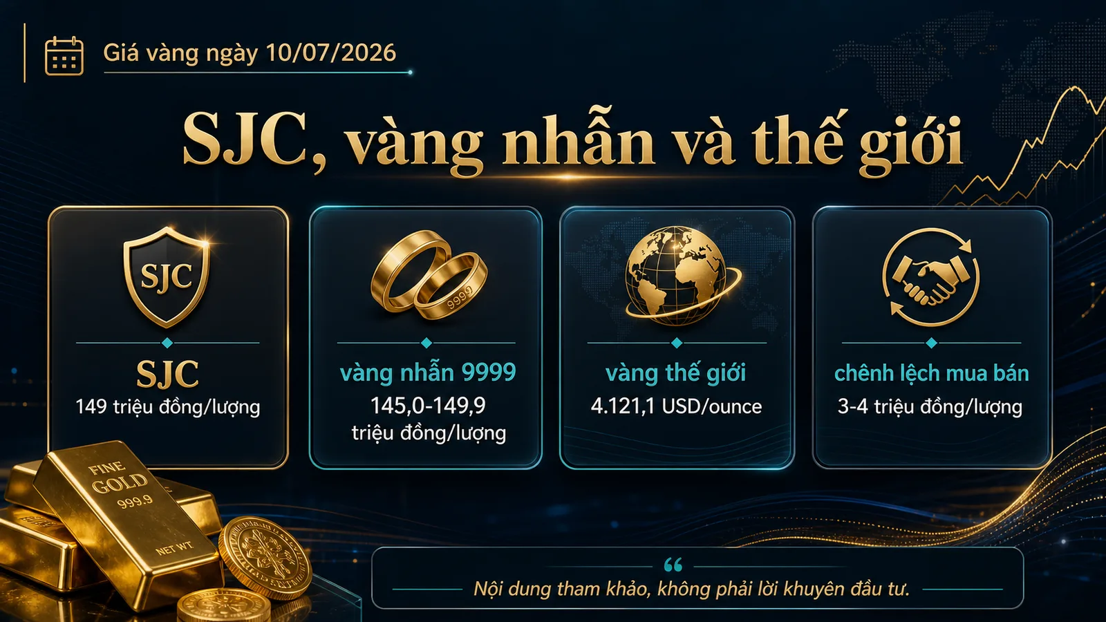 Infographic dữ liệu SJC, vàng nhẫn và vàng thế giới - giá vàng ngày 10/07/2026