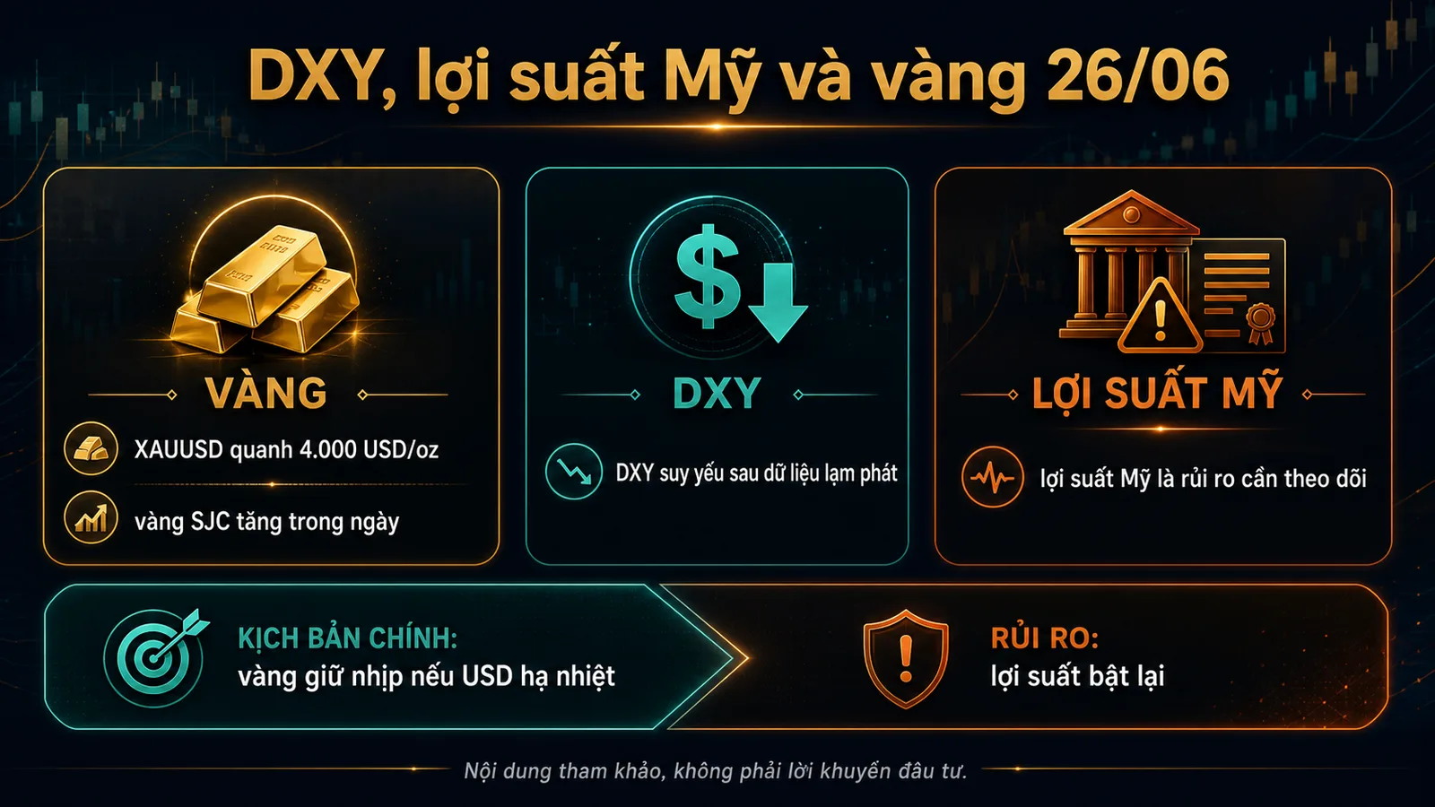 DXY lợi suất Mỹ và vàng ngày 26/06/2026 infographic Finzone