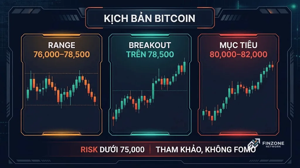 Kịch bản Bitcoin dạng dashboard: range 76.000–78.500, breakout trên 78.500, risk dưới 75.000