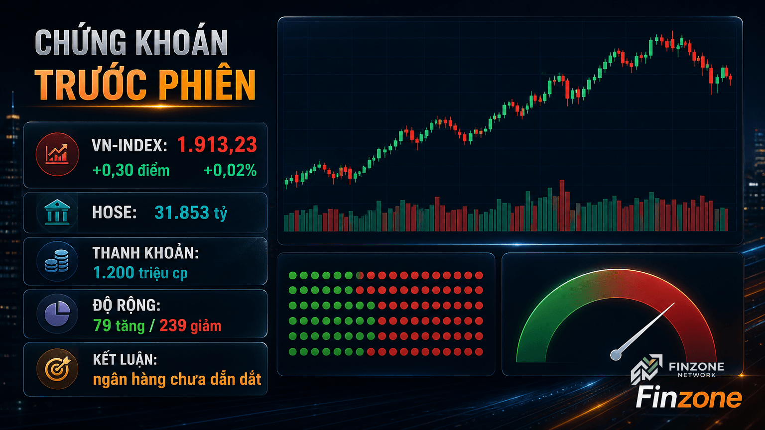 Dashboard số liệu VN-Index 1.913,23 thanh khoản 31.853 tỷ độ rộng 79 tăng 239 giảm