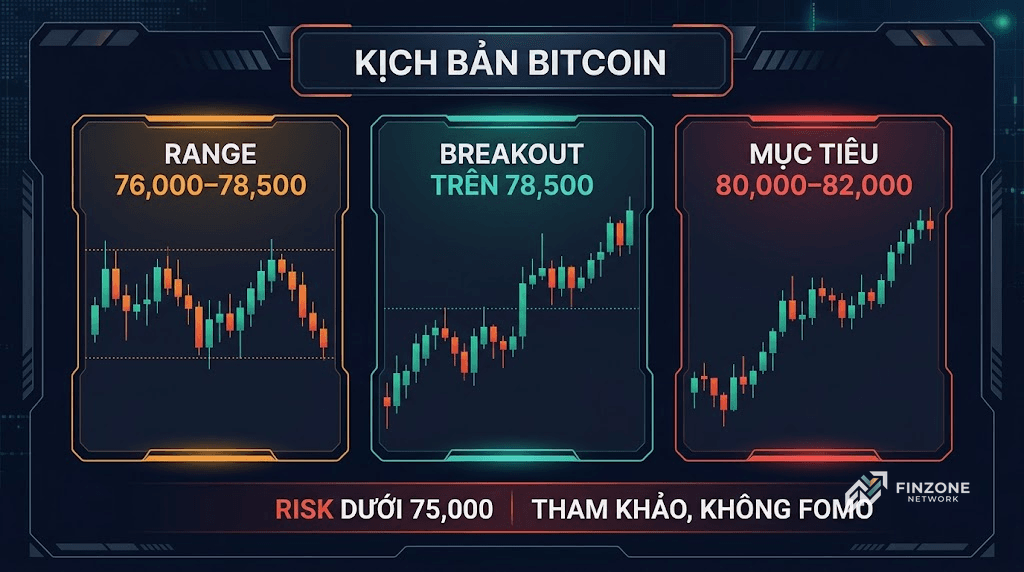 Kịch bản Bitcoin dạng dashboard: range 76.000–78.500, breakout trên 78.500, risk dưới 75.000