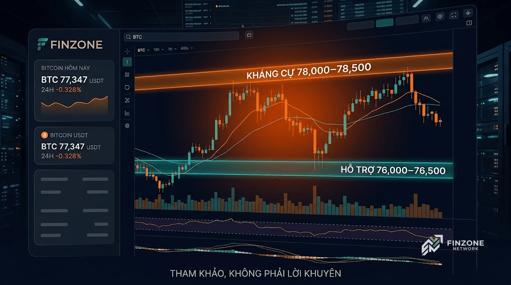 Finzone premium dashboard Bitcoin hôm nay với chart, kháng cự 78.000–78.500 và hỗ trợ 76.000–76.500