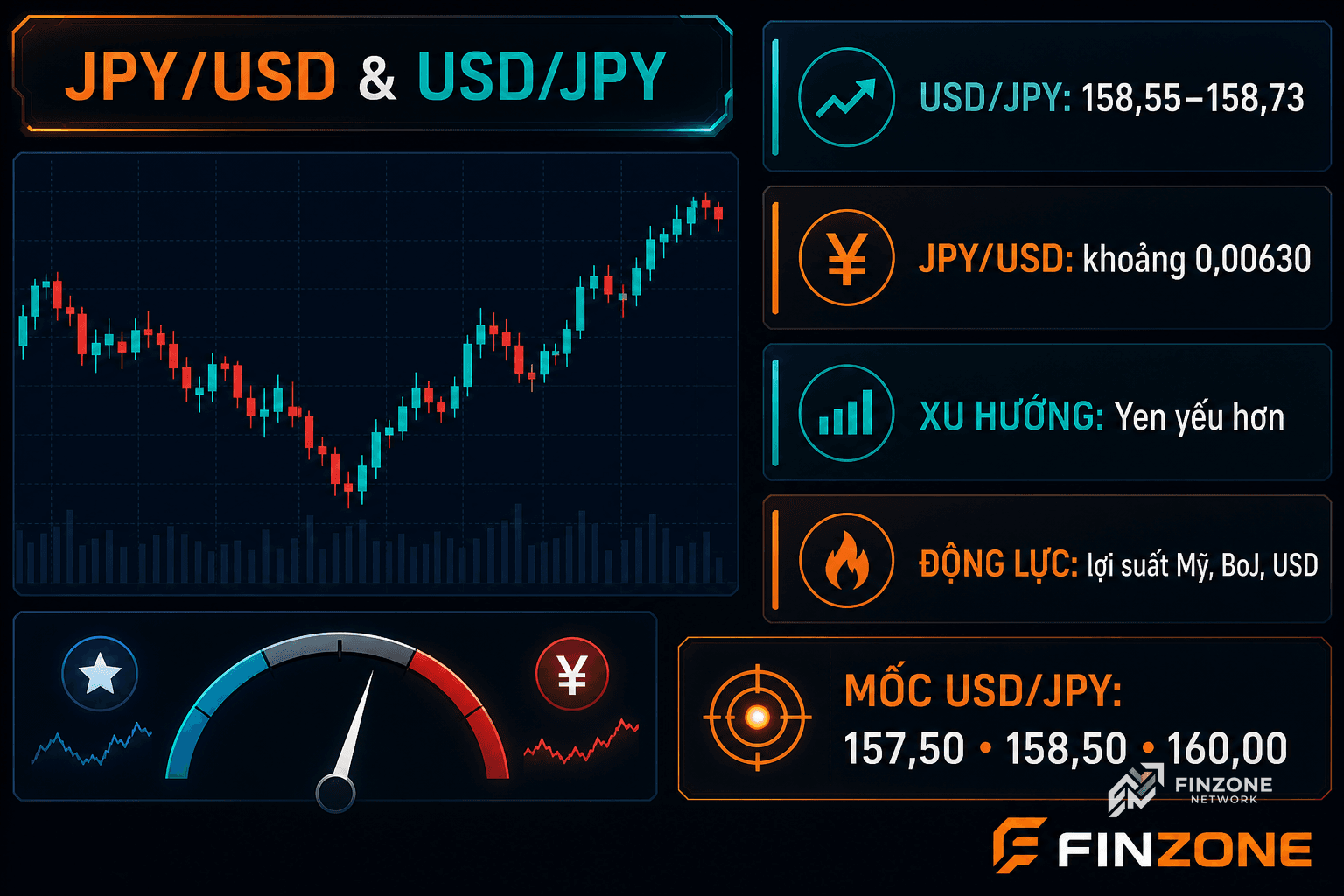 Dashboard phân tích JPYUSD và USDJPY với các mốc tỷ giá quan trọng