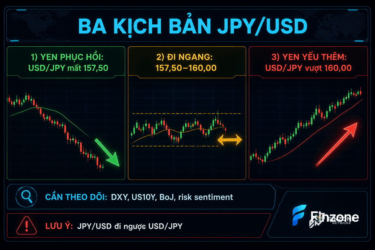 Ba kịch bản JPYUSD USDJPY theo DXY lợi suất Mỹ và BoJ