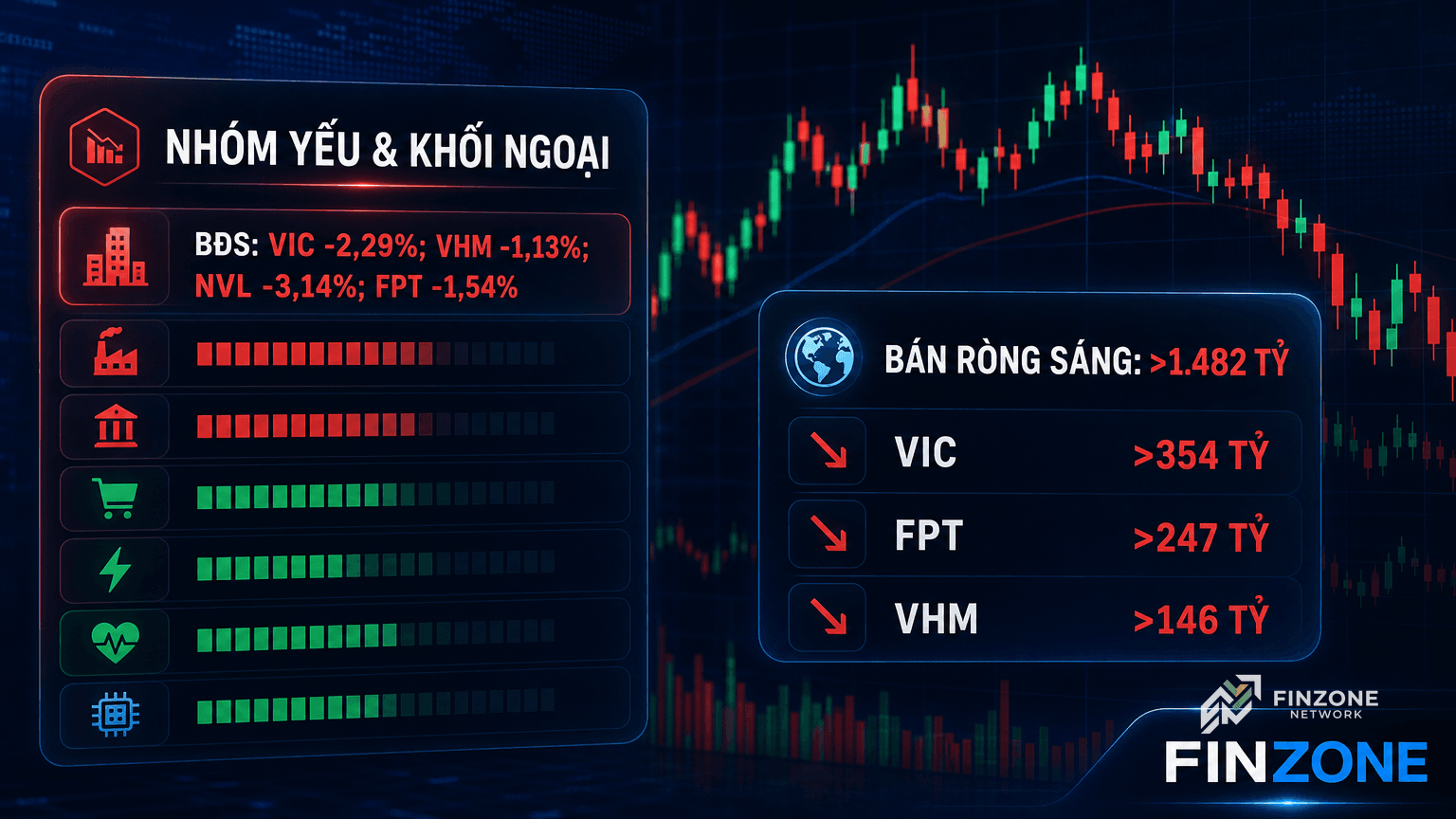 Dashboard nhóm yếu bất động sản FPT và khối ngoại bán ròng phiên 21/05/2026